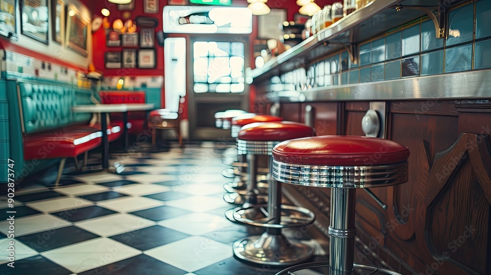 Wall mural Retro vintage and stools with interior in a diner restaurant or cafeteria with funky decor Trendy old school and chairs by a counter or bar in groovy vibrant and stylish old fashioned empty cafe