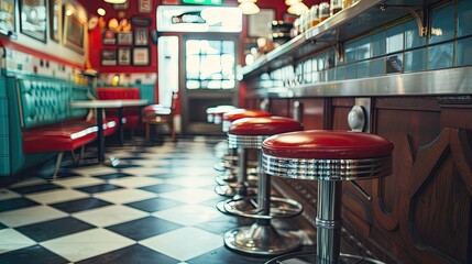 Retro vintage and stools with interior in a diner restaurant or cafeteria with funky decor Trendy old school and chairs by a counter or bar in groovy vibrant and stylish old fashioned empty cafe
