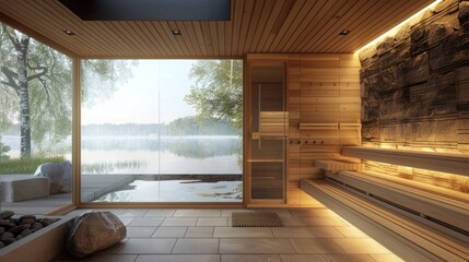 Traditional finnish sauna room wooden interior cabin home wooden sauna spa cabin steam room with stone heater and wooden bench seats relaxation and wellness in Scandinavia