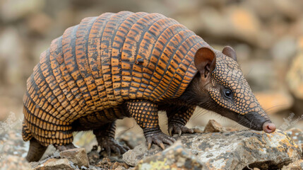 Fototapeta premium An armadillo walking over rocky terrain, highlighting its textured armor and natural surroundings.