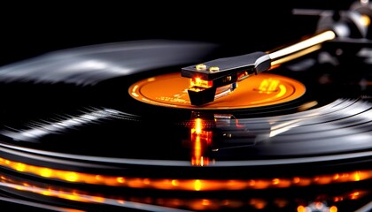 Closeup of an old record player with a spooky Halloween record