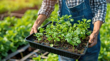 Asian farmer is carrying tray of young vegetable salad seedling to plant in the soil for growing organics plant during spring season and agriculture