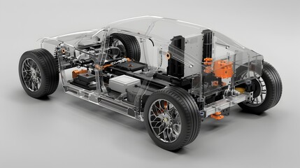 Detailed Layered Exploded View of a Transparent Electric Vehicle Showing Component Placement