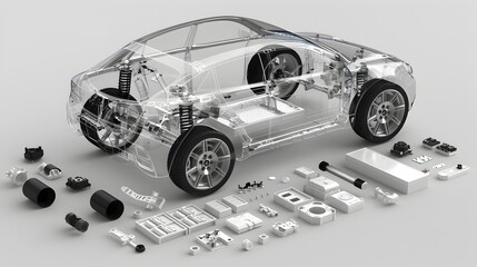 Fototapeta premium Transparent Electric Vehicle Exploded View Showcasing Detailed Part Placement and Assembly