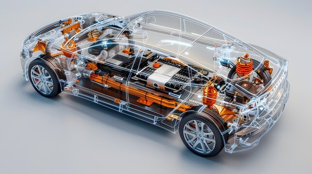 Detailed Transparent Exploded View of Electric Vehicle's Components and Assembly