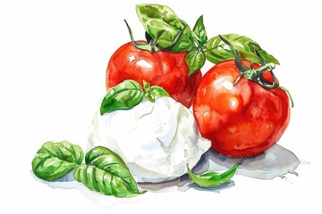 Hand Drawn Watercolor Illustration of Burrata Cheese with Tomatoes and Basil on White Background