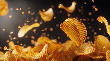 Dynamic visual of ridged potato chips falling, showcasing their crunchy texture and deliciousness