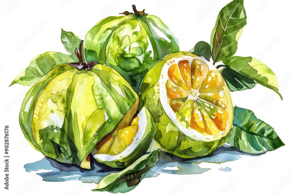 Wall mural Hand Drawn Watercolor Illustration of Fresh Garcinia Cambogia Superfood on White Background