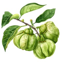 Naklejka premium Hand drawn watercolor illustration of fresh garcinia fruit branch with superfood antioxidants, isolated on white background