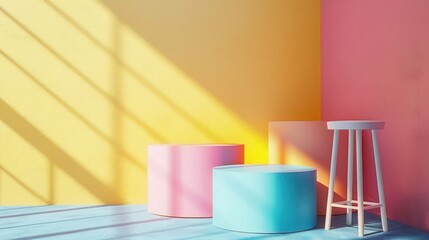 A room with a yellow wall and a blue and pink stool