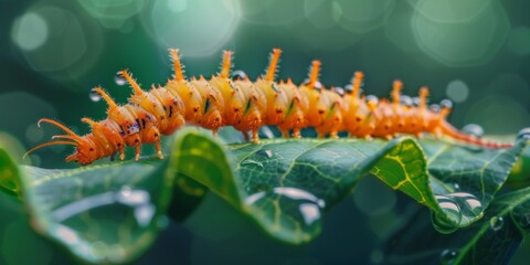 Naklejka premium Close Up of Colorful Caterpillar on Leaf with Blurred Green Background