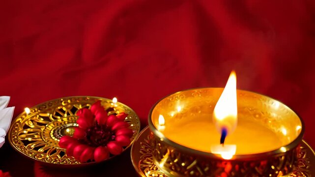 Happy Diwali candle in lamp with golden decor. Festive Indian background in red colour with copy space.
