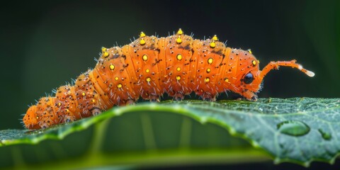 Naklejka premium Close Up of Colorful Caterpillar on Leaf with Blurred Green Background
