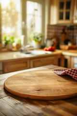 Rustic Kitchen Warmth: Empty round cutting board awaits culinary creations, bathed in the golden glow of a sunlit kitchen, embodying homey charm.