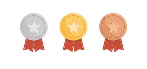 Gold, silver, bronze medal badge and trophy with red ribbon flat vector illustration.	

