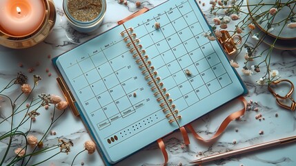 A blue planner with a detailed study schedule lies open on a marble tabletop with a lit candle, a jar of glitter, delicate flowers, and a pen.