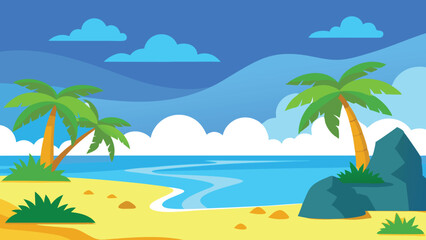 Landscape, beach with palm trees and sky