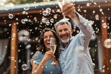 Portrait of a happy couple in their 40s celebrating a success