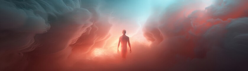 Obraz premium Artistic depiction of a human figure with glowing red areas, set against a turbulent background