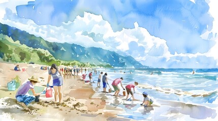 Watercolor Painting of Community Beach Cleanup and Environmental Activism