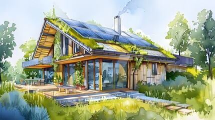 Fototapeta premium Watercolor Painting of Eco-Friendly Sustainable Home with Green Roof and Solar Panels