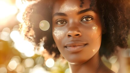 Fototapeta premium Radiant and Confident Young Black Woman with Afro Hair Smiling in Warm Natural Lighting