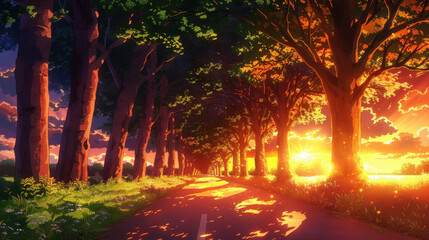 Naklejka premium Enchanted road lined with tall trees under a stunning sunset, casting shadows and illuminating the surroundings with warm hues