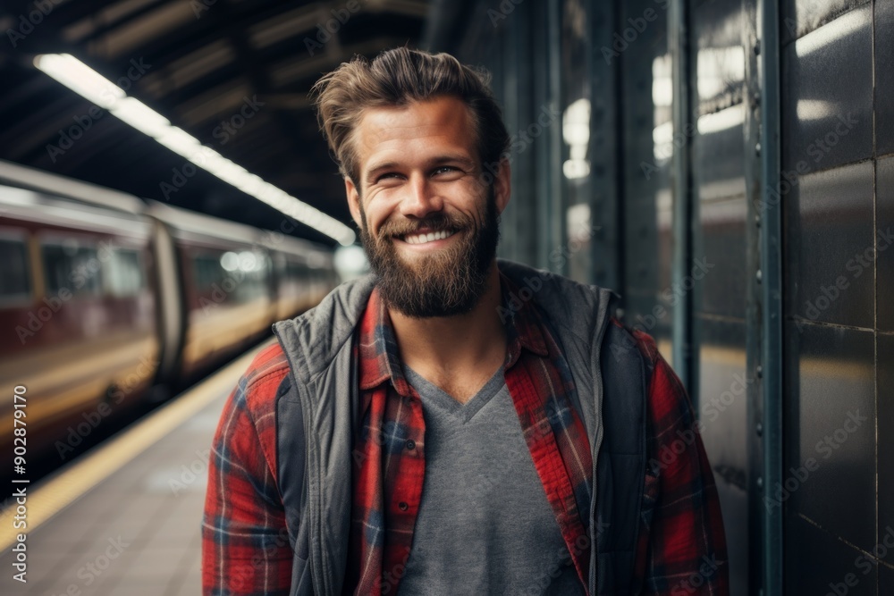 Sticker portrait of a blissful man in his 30s dressed in a relaxed flannel shirt isolated on modern city tra