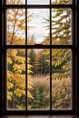 view through the window of the autumn yellow forest