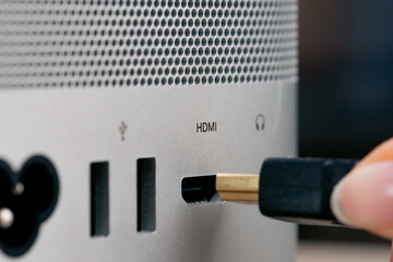 Close-up of USB ports in a computer with a metal case, many different connectors, inserted Type-...