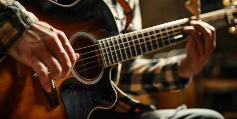 Fototapeta premium Musician passionately plays an acoustic guitar on stage, creating beautiful melodies with a capo
