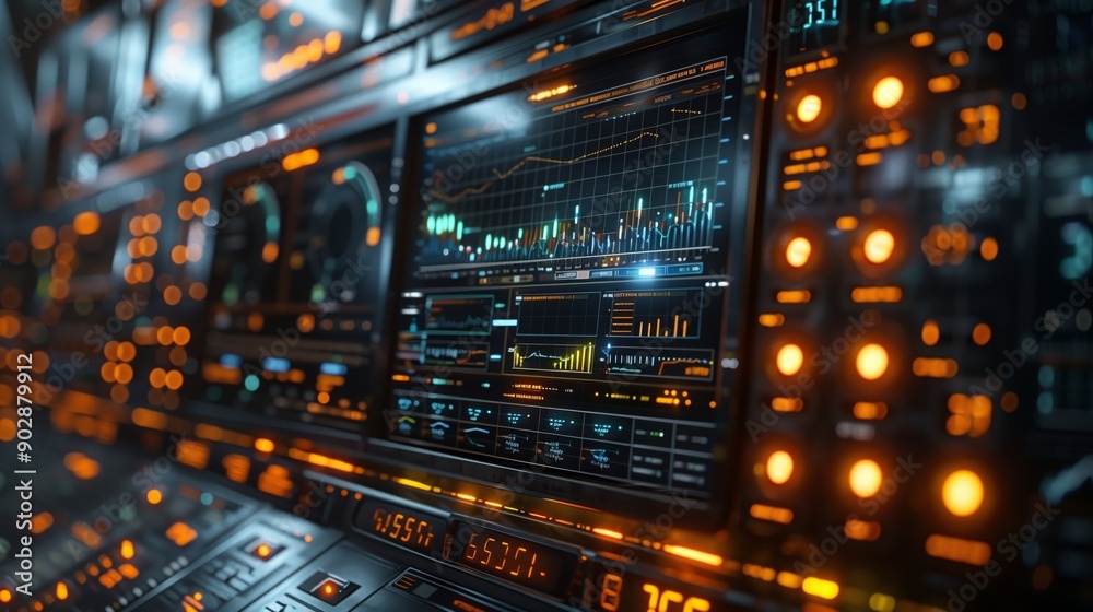 Poster a close-up shot of a futuristic control panel with glowing orange buttons and a digital display show