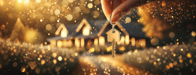 A hand holds a key with a house shaped keychain, sparkling lights in the background creating a dreamy atmosphere.
