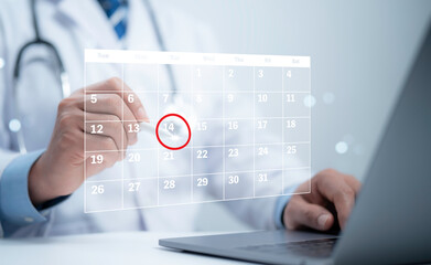 Medical worker touch virtual digital calendar on laptop for plan treatment patient and follow up in hospital. Calendar agenda appointment meeting schedule concept.Planning Organizer, Time management.