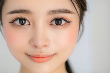 Fototapeta premium 日本人女性の目元のパーツのアップ写真（白背景・美肌・クローズアップ）