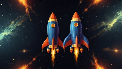 Two red and blue rockets are flying in space, with flames coming out of their engines.