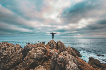 a person standing on a rocky shoreline with arms outstretched, enjoying the serene view of the sea under a cloudy sky