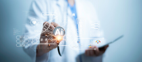 Medical worker touch virtual medical revolution and advance of technology Artificial Intelligence,AI Deep Learning for medical research,Transformation of innovation and technology for future Health.