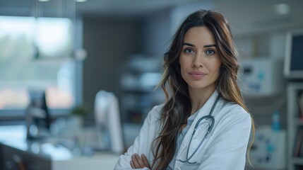 Fototapeta premium Confident Medical Professional: A female doctor with a stethoscope around her neck stands confidently in a modern clinic