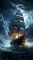 A pirate ship sails the sea at night wallpaper. Generation Ai