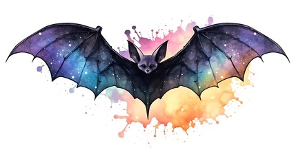 Watercolor cute colorful halloween bats. Hand drawn autumn party illustration.