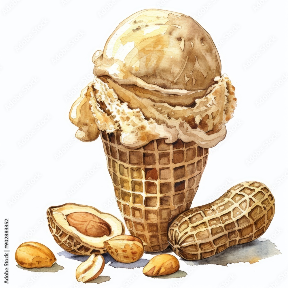 Sticker Hand-drawn Watercolor Illustration of Delicious Peanut Ice Cream Dessert