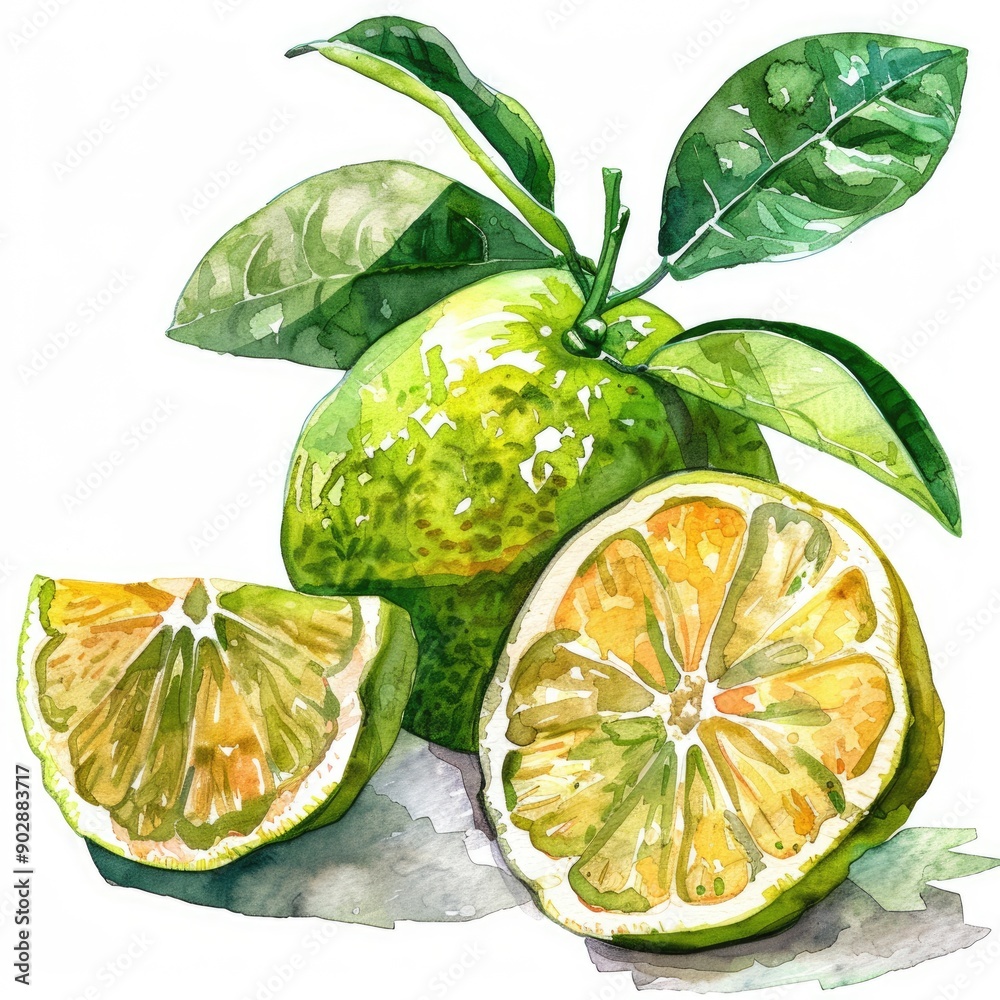 Wall mural Hand-drawn Watercolor Illustration of Fresh Cambodian Garcinia Atroviridis Fruit, a Superfood Rich in Antioxidants