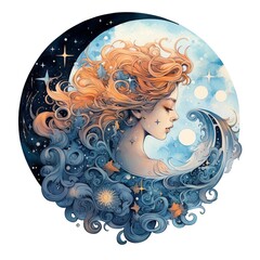 A Beautiful Moon Goddess Fantasy Watercolor Fairy Tales isolated white background. Generated Ai