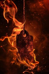 Hot sale tag engulfed in flames, front view, dark background, high contrast, dramatic lighting