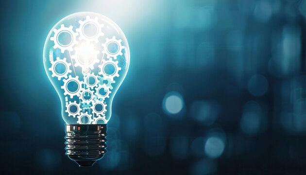 Abstract light bulb with floating gears, conceptual innovation, futuristic ideas