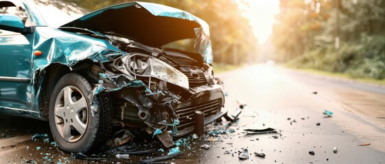 Crushed front end of a car against a tree, severe impact, singlevehicle accident