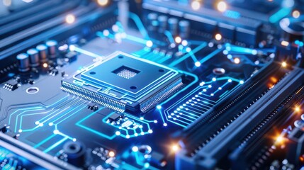 Digital circuitry, blue tones, futuristic motherboard, hightech design