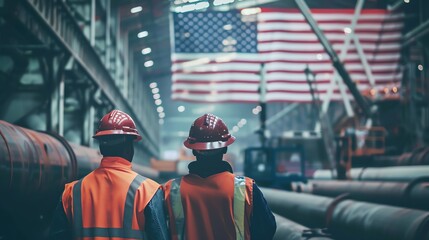 Two construction workers in hard hats and safety vests stand before an American flag.  The flag hangs against a backdrop of pipes and machinery.
