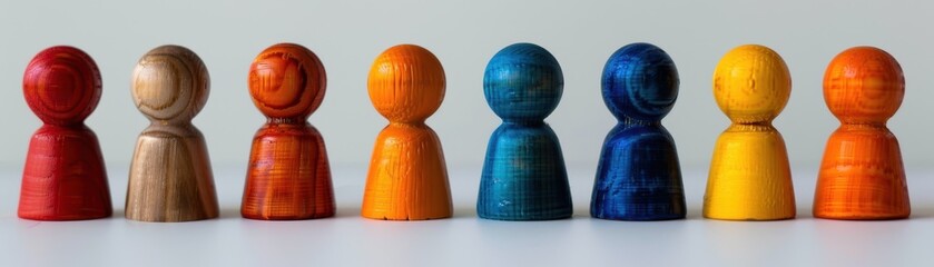 A row of wooden people are lined up in a row. The people are of different colors and sizes